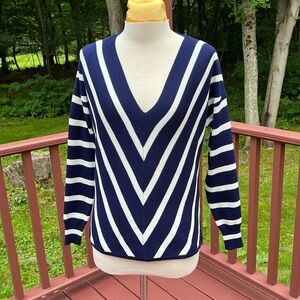 New! Metric knits small navy white striped v neck sweater.